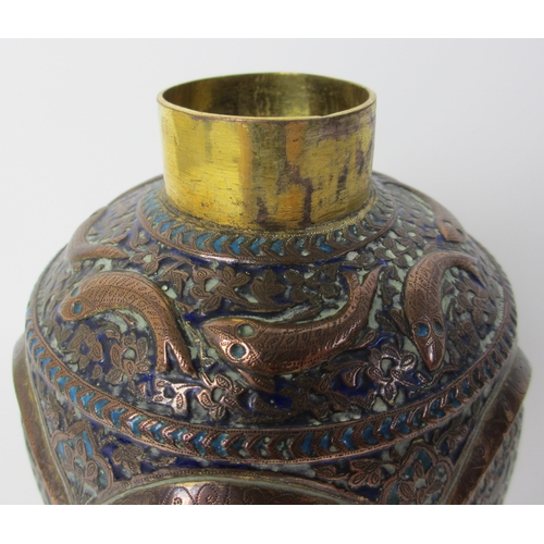 261 - A Persian brass and enamel baluster vase and cover