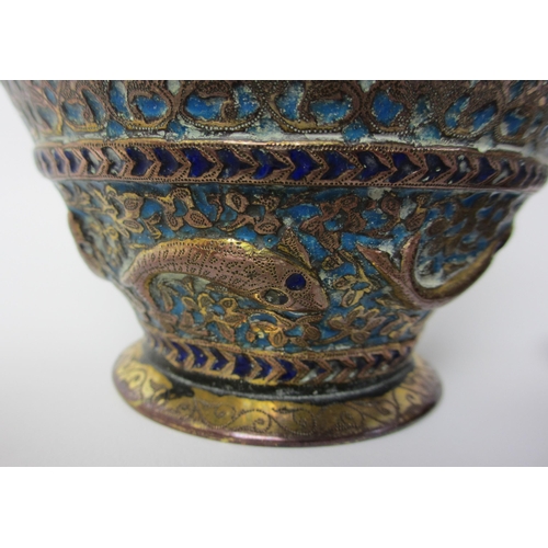 261 - A Persian brass and enamel baluster vase and cover