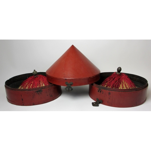 309 - A two tier red leather mandarin hat box