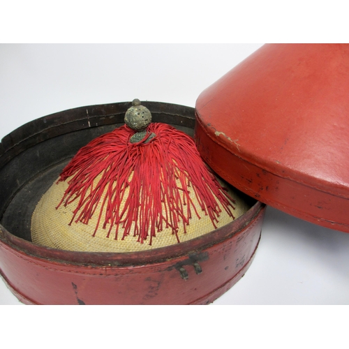 309 - A two tier red leather mandarin hat box