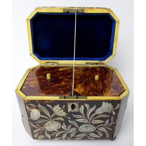 524 - A George III tortoiseshell and abalone shell octagonal tea caddy