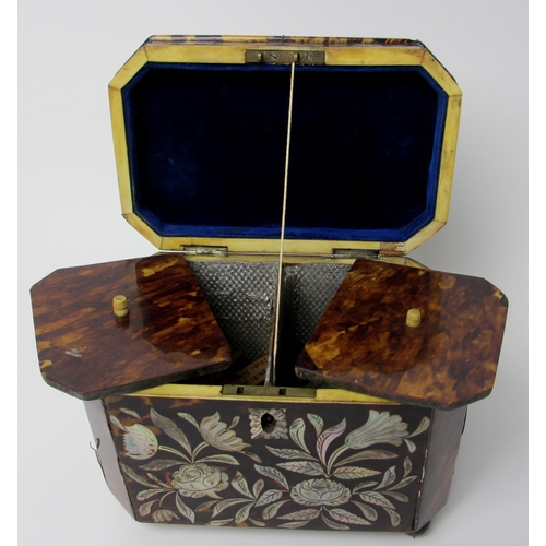 524 - A George III tortoiseshell and abalone shell octagonal tea caddy