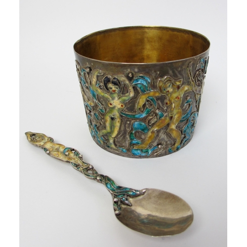 550 - A silver and enamel sugar bowl and spoon  by Geraldine von Bethmann-Hollweg