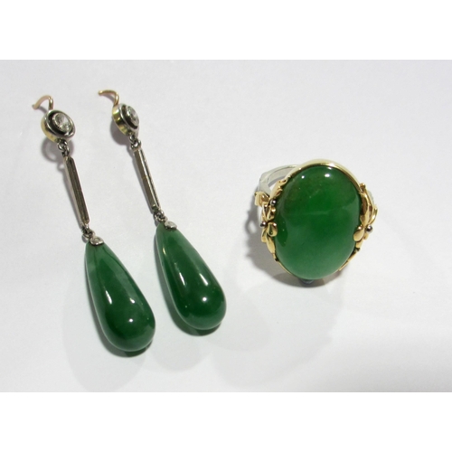 63 - A pair of Art Deco gold jade and diamond pendant earrings