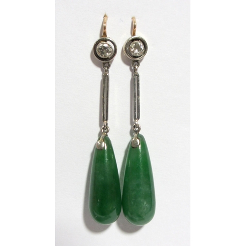 63 - A pair of Art Deco gold jade and diamond pendant earrings