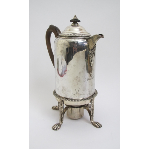 191 - An Irish silver hot water pot on stand with burner