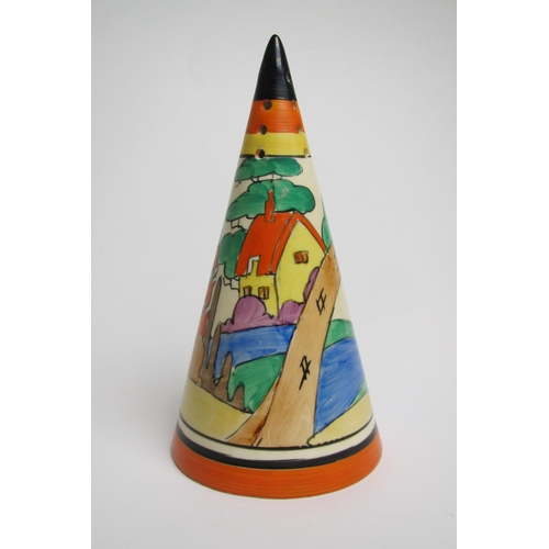 558 - A Clarice Cliff Orange Roof Cottage pattern conical sugar sifter