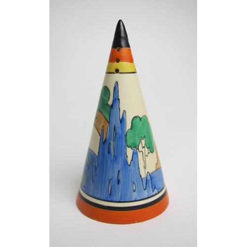 558 - A Clarice Cliff Orange Roof Cottage pattern conical sugar sifter