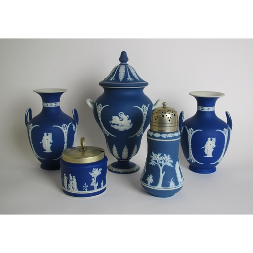 562 - A Wedgwood blue Japserware two handled ogee vase