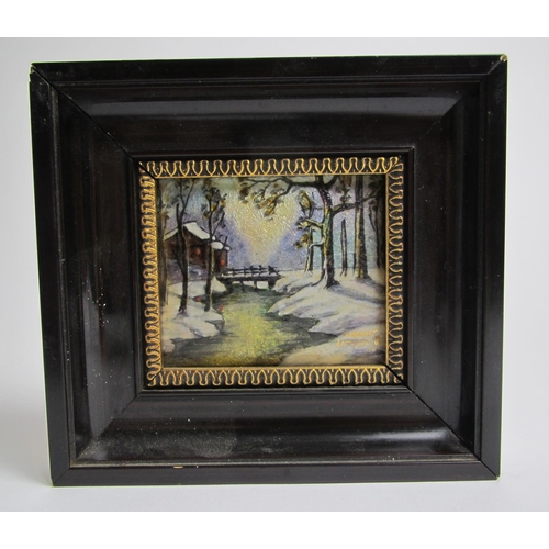 564 - A Limoges enamel Winter Landscape plaque