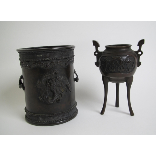 665 - A Chinese bronze cylindrical brush pot