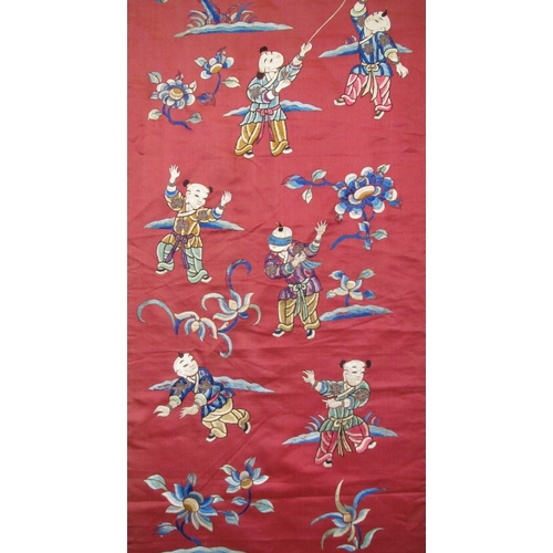 704 - Four various Chinese decorative silk hangings and a chair cover