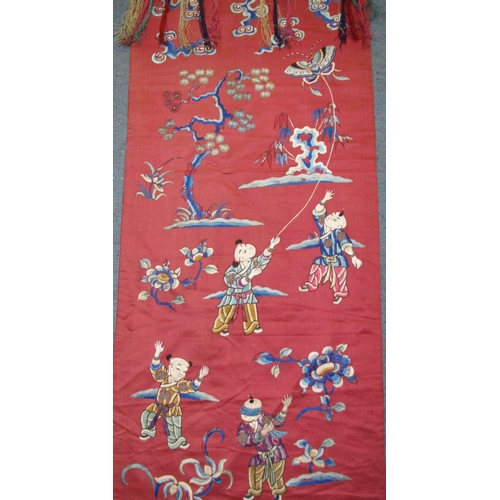 704 - Four various Chinese decorative silk hangings and a chair cover