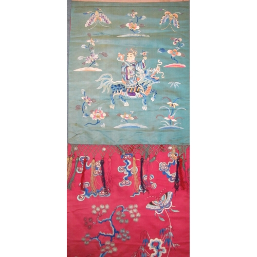 704 - Four various Chinese decorative silk hangings and a chair cover