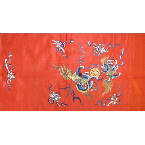 704 - Four various Chinese decorative silk hangings and a chair cover