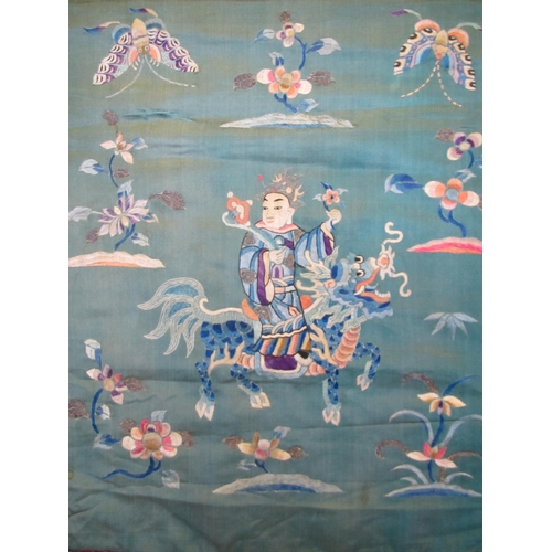 704 - Four various Chinese decorative silk hangings and a chair cover