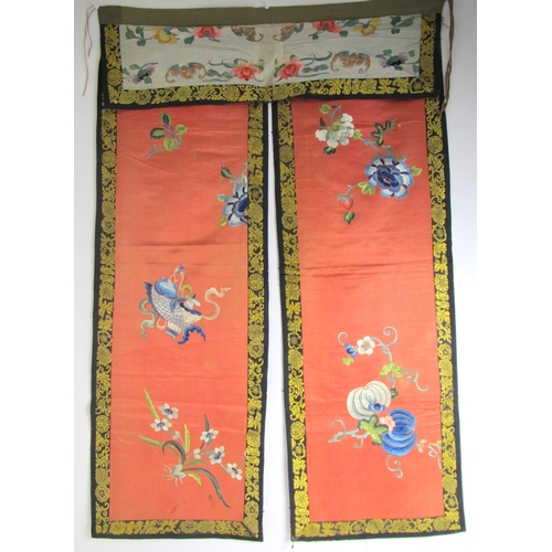 704 - Four various Chinese decorative silk hangings and a chair cover