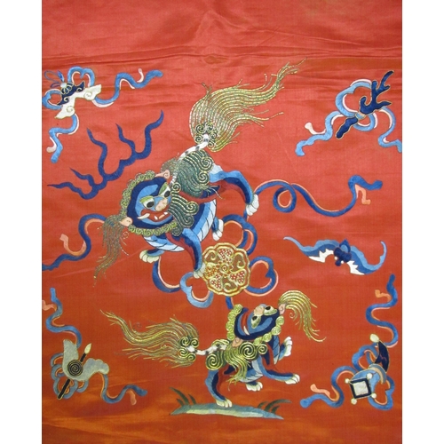 704 - Four various Chinese decorative silk hangings and a chair cover