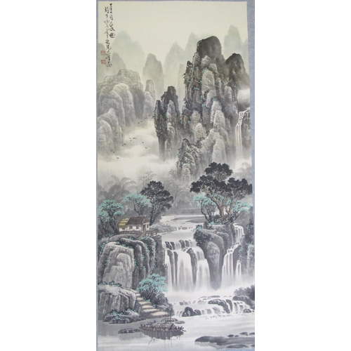 717 - A Chinese scroll painting of a mountainous landscape