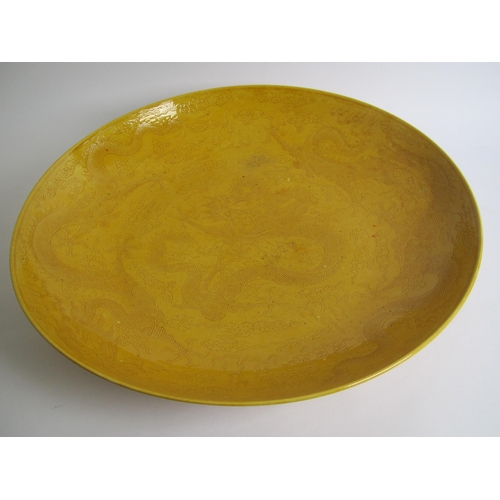 748 - A large Chinese yellow ground circular dish