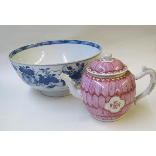 501 - A Chinese export famille rose and globular teapot and cover