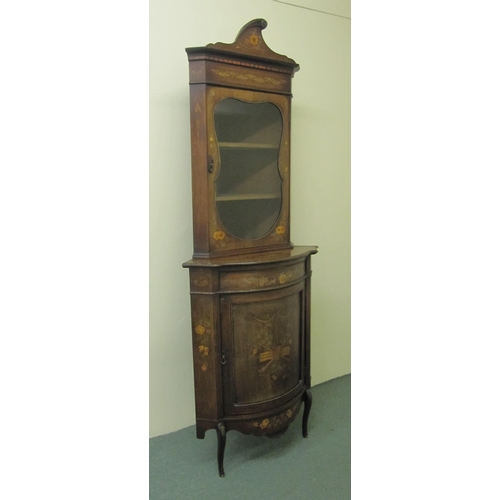 766 - An Edwardian inlaid corner cabinet on cupboard base