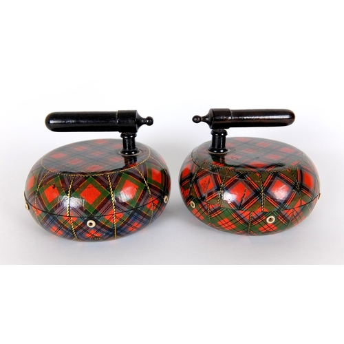 287 - A pair of Mauchline Tartan Ware thread holder curling stones