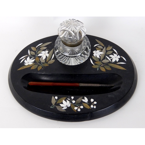 308 - A Victorian pietra dura black slate and marble ink stand