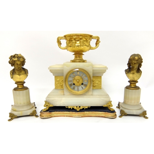 707 - A Japy Freres onyx and gilt metal mantle clock garniture