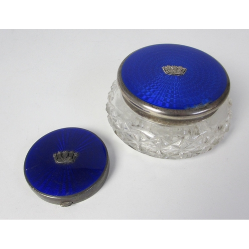 203 - A silver and enamel topped cut glass talcum jar