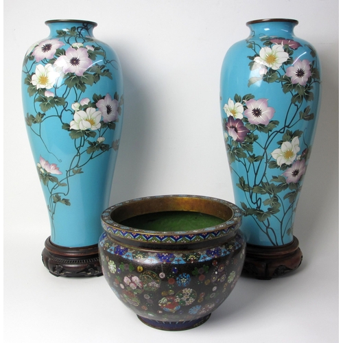 595 - A pair of Japanese cloisonne baluster vases