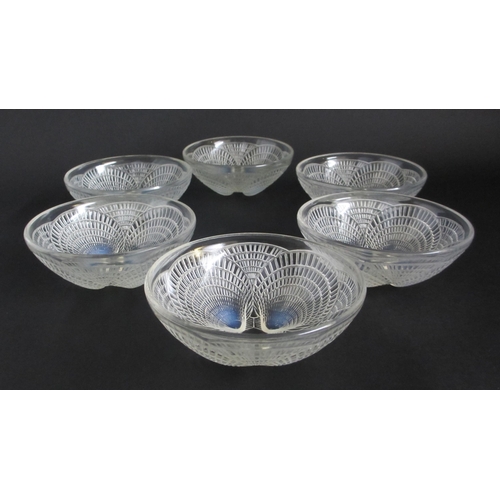 691 - A set of six R. Lalique Coquille pattern opalescent glass bowls