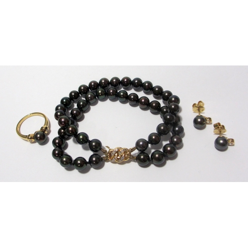 94 - A demi parure of black cultured pearl and diamond jewellery