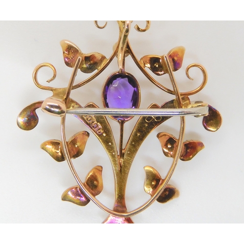 682 - A 9ct gold amethyst and split pearl Edwardian pendant in original box, length with bail 5.5cm, weigh... 