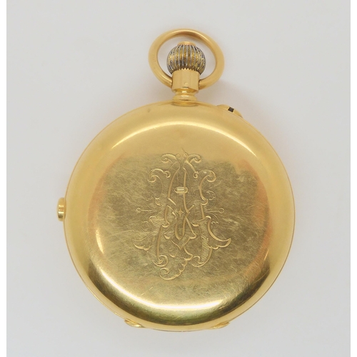 684 - An 18ct gold full hunter pocket watch with stop watch function, the outer case monogramed, movement ... 