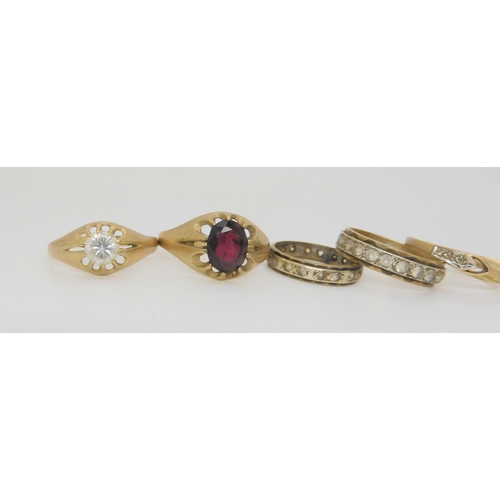 691 - Six 9ct gold and yellow metal gem set rings to include garnet, diamond, and cz. Weight 13.5gms