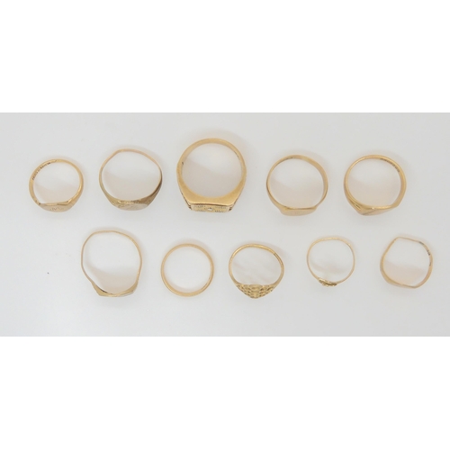 740 - Seven 9ct gold signet rings, a wedding ring and two further rings, weight together 25.8gms