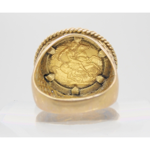 743 - A 1964 full gold sovereign, in a 9ct gold ring mount. Gents finger size 2 1/2, weight 17.1gms