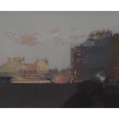 976 - MARDI BARRIE (SCOTTISH 1931-2004) ROSE DUSK OVER CITY BRIDGE II Acrylic on board, signed l... 