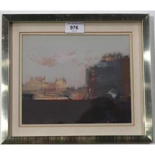 976 - MARDI BARRIE (SCOTTISH 1931-2004) ROSE DUSK OVER CITY BRIDGE II Acrylic on board, signed l... 