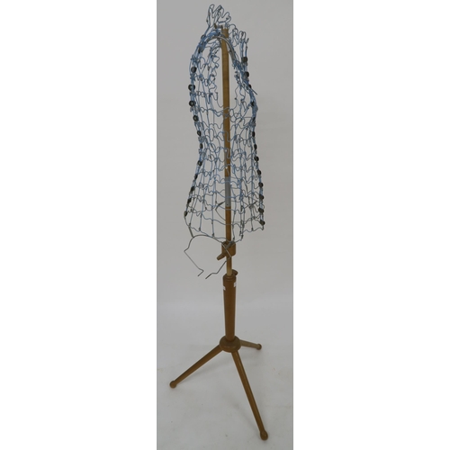 109 - A mid 20th century wire form dress makers mannequin on adjustable pine tripod base, 157cm high