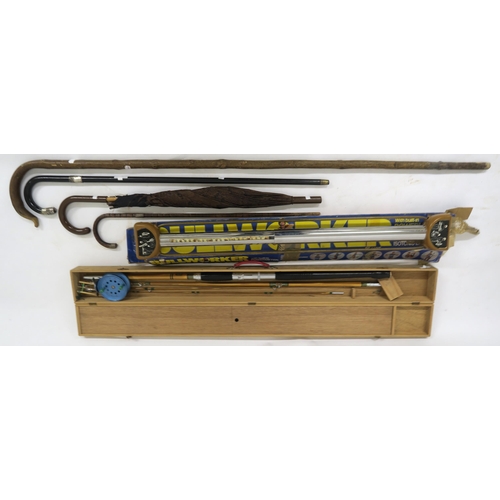 110 - A mixed lot to include cased fishing rod with Angler scout reel, two white metal mounted cane, crook... 