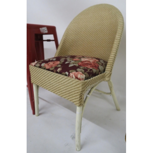 113 - A 20th century Lloyd loom style bedroom chair, leather upholstered camel stool and a pair of contemp... 