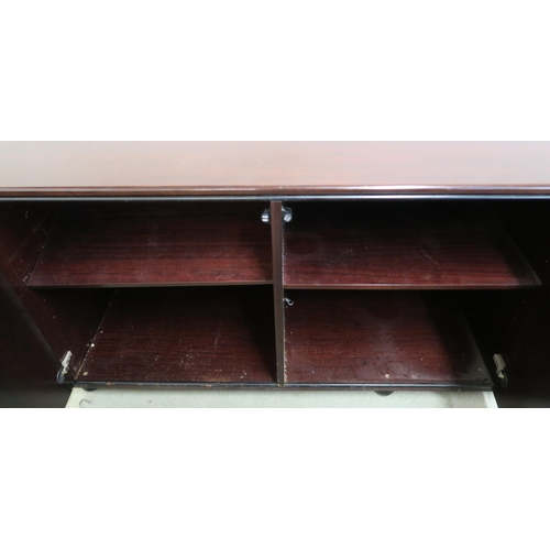 72 - A modern Hama stained teak sideboard with pair of cabinet doors to the left of three drawers, 70cm h... 