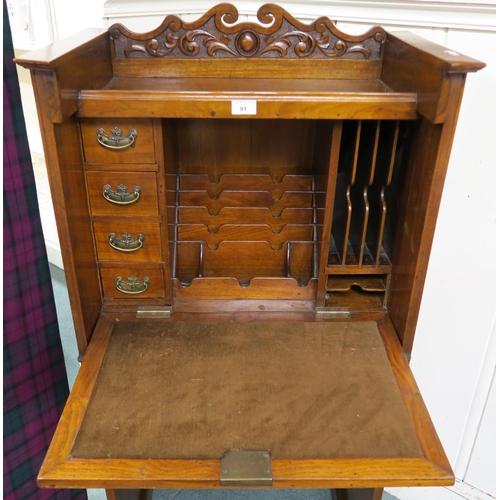 91 - A late Victorian mahogany bureau with fall front writing compartment concealing fitted interior over... 