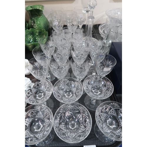 215 - Assorted cut glass and crystal including Tudor and Webb drinking glasses, fern etched jug and pair o... 