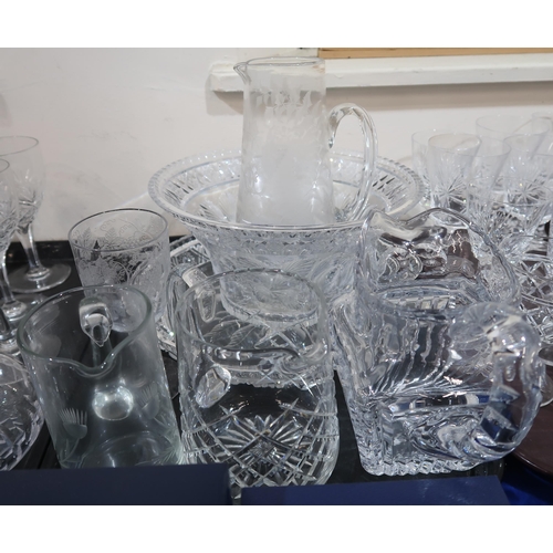 215 - Assorted cut glass and crystal including Tudor and Webb drinking glasses, fern etched jug and pair o... 