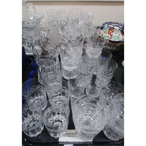 215 - Assorted cut glass and crystal including Tudor and Webb drinking glasses, fern etched jug and pair o... 