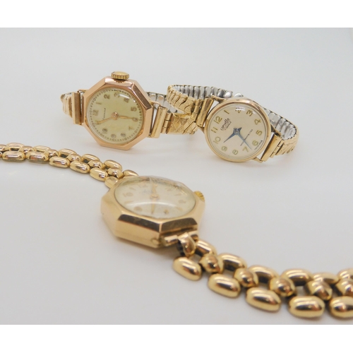 692 - Three 9ct gold cased ladies watch heads, with gold plated straps, to include Avia, Pinnacle and Corv... 