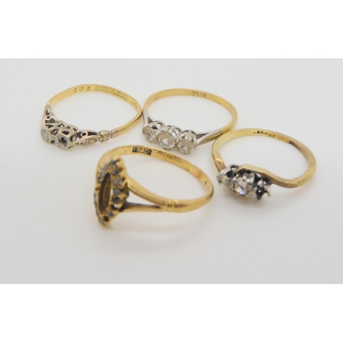 725 - Four 18ct rings and one in yellow metal, four are diamond set, together with a clear gem three stone... 